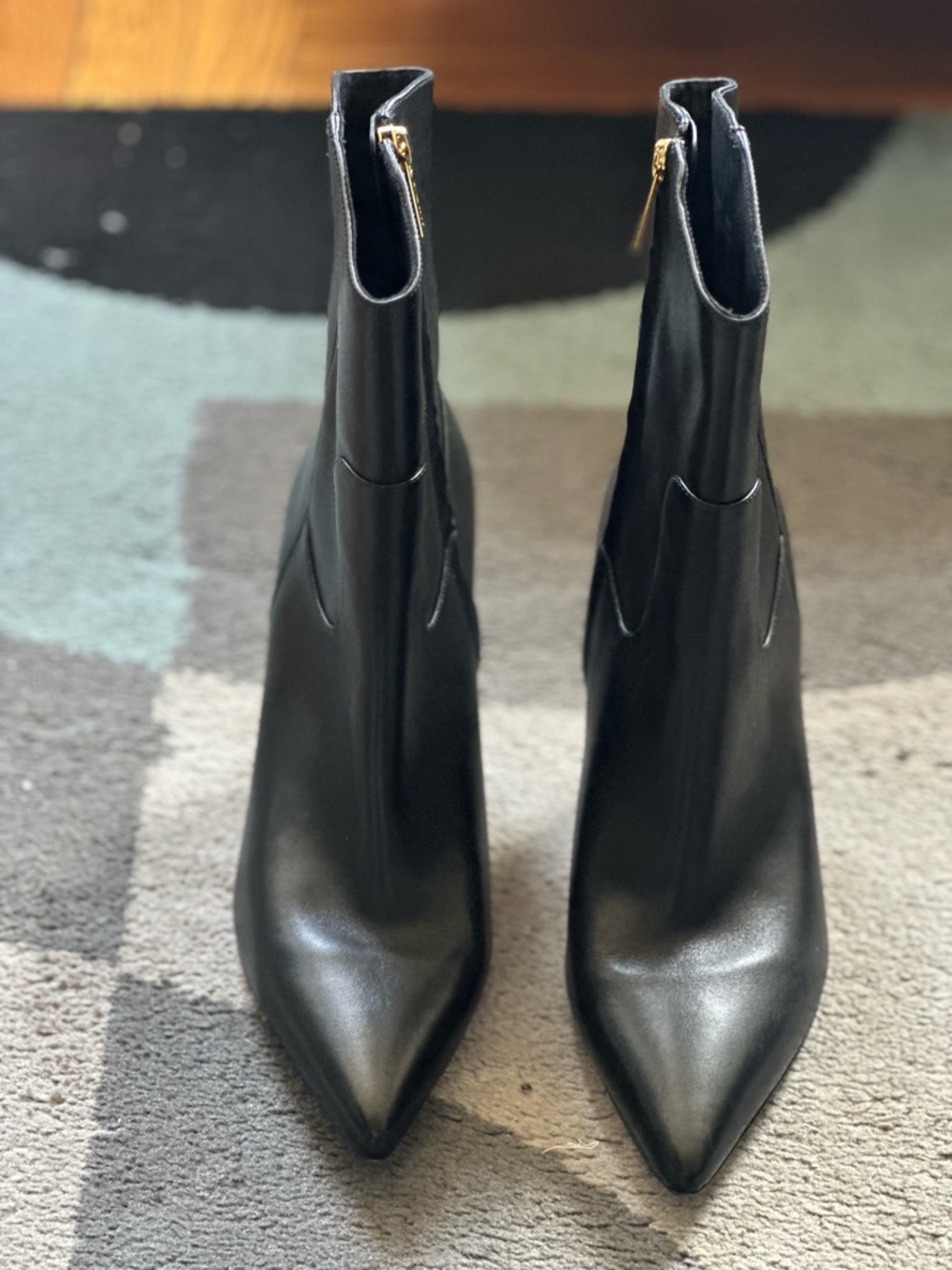 Cole Haan Black Leather Stiletto Ankle Boots with Gold Zipper